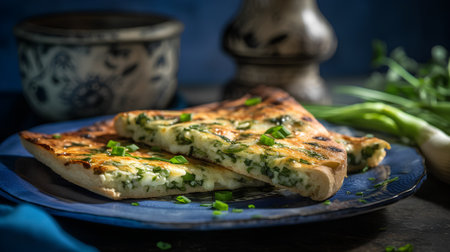 Savory omelette with herbs and chives on a blue plateの素材