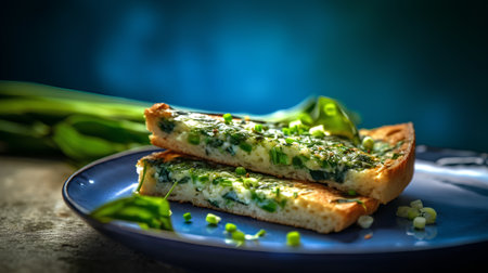 Omelette with green onion and chives on a blue plateの素材