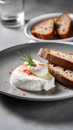 Soft white cheese burrata or mozzarella served with toasted baguette and rosemary sprigs on a plateの素材