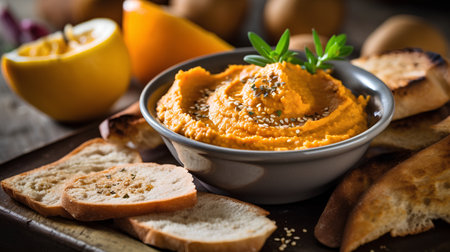 Pumpkin hummus with sesame seeds on a wooden boardの素材