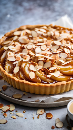 Tart with caramelized apples, almonds and cup of coffee.の素材