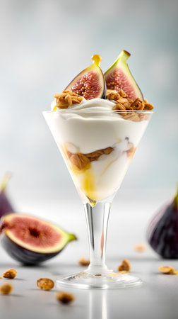 Greek yogurt with fresh figs and granola in glass on grey backgroundの素材