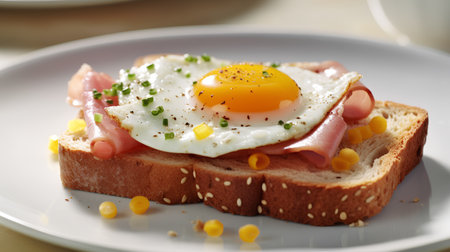 Fried egg on toast with ham and corn. Shallow dof.の素材