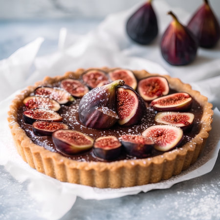Tart with figs and chocolate on a light background. Selective focus.の素材