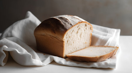 loaf of bread on a white tablecloth, selective focus.の素材