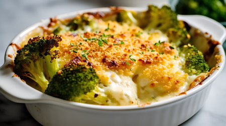 Baked cauliflower with cheese and broccoli in a white bowl.の素材