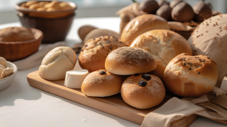Different types of bread on table, closeup. Bakery productsの素材