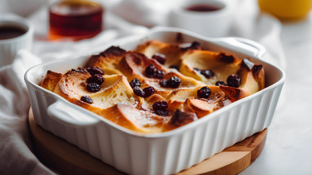 Cottage cheese casserole with raisins in a white ceramic baking dish on a light background.の素材