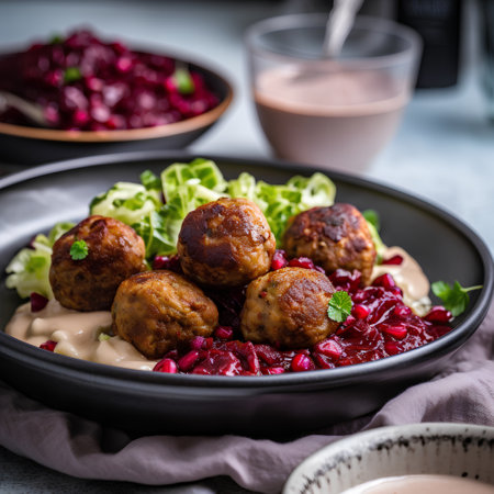 Meatballs with pomegranate seeds, beetroot salad and cream sauceの素材