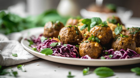 Meatballs with red cabbage and green onion salad on a white plateの素材