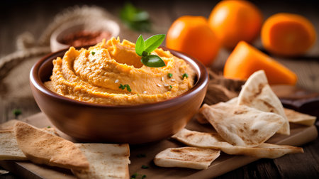 Homemade hummus with pita bread on rustic wooden backgroundの素材