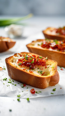 Bruschetta with cheese, bacon and chives on white paperの素材