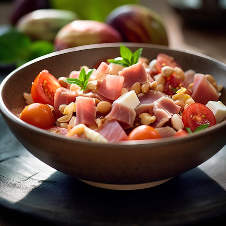 Salad with ham, tomatoes and pine nuts. Healthy food.の素材
