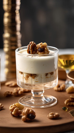 Tiramisu with walnuts in a glass on a dark backgroundの素材