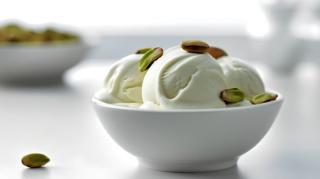 Pistachio ice cream with fresh pistachios on white backgroundの素材