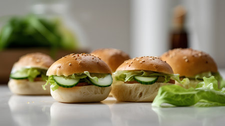 Homemade hamburgers with fresh vegetables on a white background.の素材
