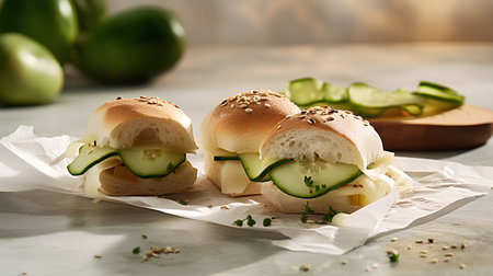 Sandwiches with cheese and cucumber on a light background.の素材