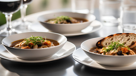 Soup with shrimps, mushrooms and vegetables in a restaurantの素材
