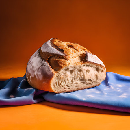 loaf of bread on a blue napkin on a orange backgroundの素材