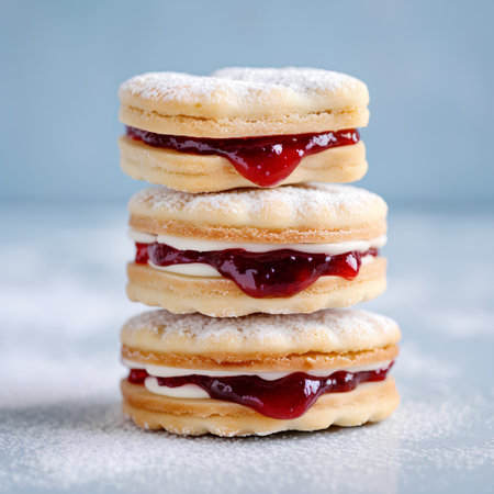 Stack of tasty cookies with jam on light blue background, closeupの素材