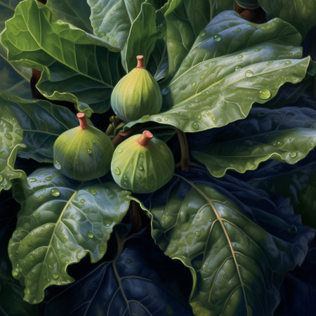 Green figs with dew drops on a dark green background.の素材