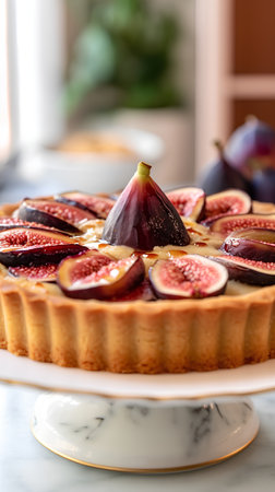 Delicious homemade fig tart with fresh figs on white marble tableの素材
