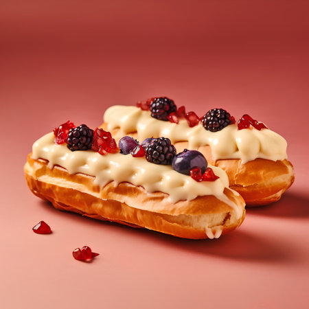 Delicious eclairs with cream and berries on a red backgroundの素材