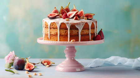 Cake with cream and fresh figs on pastel blue backgroundの素材