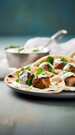 Meatballs with sour cream and parsley. Selective focus.の素材