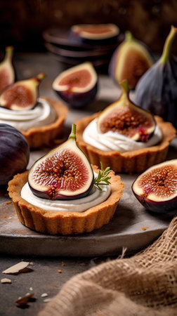Tartlets with figs and cream cheese on a wooden background.の素材