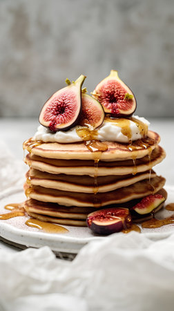 Pancakes with figs and honey on a white plate.の素材