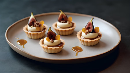 Tartlets with figs and caramel on a dark background.の素材