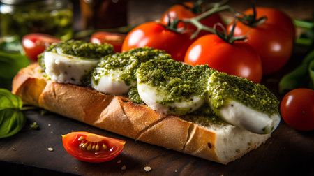 Traditional italian bruschetta with mozzarella cheese and basil pestoの素材