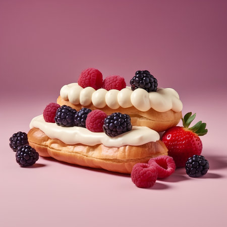 Tasty eclairs with cream and fresh berries on pink backgroundの素材