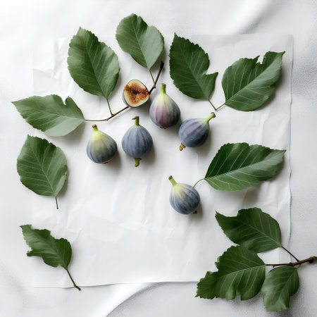 Fresh figs with leaves on white background. Flat lay, top viewの素材