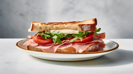 Sandwich with ham, tomato and arugula on white marble backgroundの素材