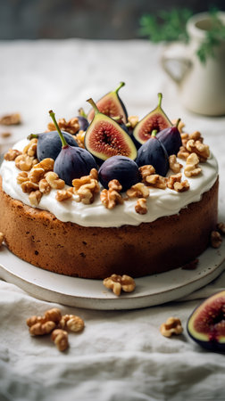 Homemade cake with fresh figs, walnuts and cream cheese on a light backgroundの素材