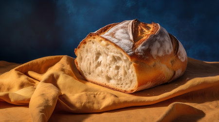 Freshly baked bread on a table with yellow cloth. Dark background.の素材
