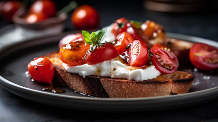 Bruschetta with cherry tomatoes, mozzarella cheese and basil on black backgroundの素材
