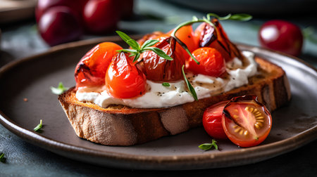 Italian bruschetta with roasted tomatoes and mozzarella cheeseの素材