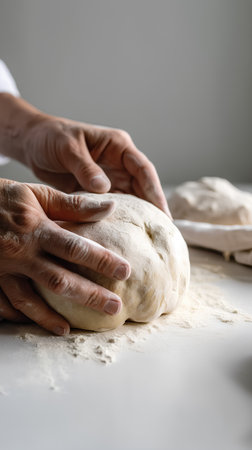 Female hands kneading dough on table with flour, closeupの素材