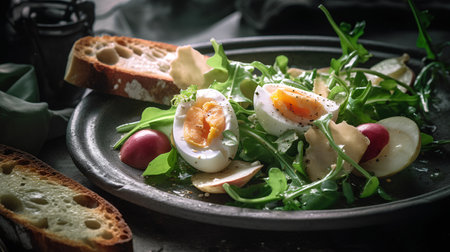 Fresh salad with quail eggs, arugula, radish and slices of bread.の素材