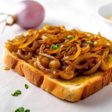 Bread with chickpeas and onions on a white background. Selective focus.の素材