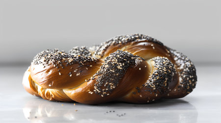 Sweet braided bread with sesame seeds on a gray background.の素材