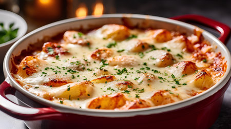 Casserole with baked potatoes, cheese and herbs on a black backgroundの素材
