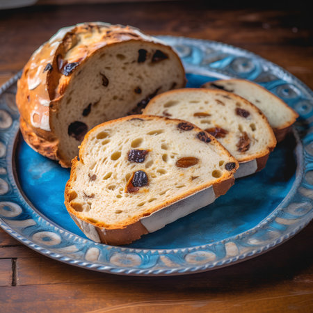 Slices of raisin bread on a blue plate on a wooden tableの素材
