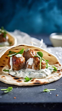Meatballs with sauce and herbs on a pita bread on a dark backgroundの素材