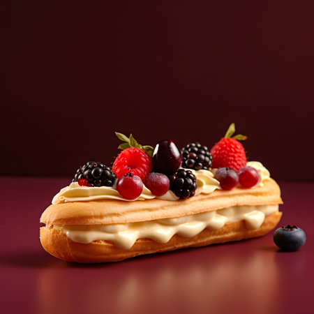 Delicious eclairs with cream and berries on a red backgroundの素材