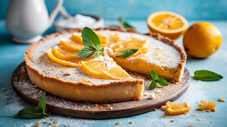 Lemon tart with tangerines and mint on a blue backgroundの素材