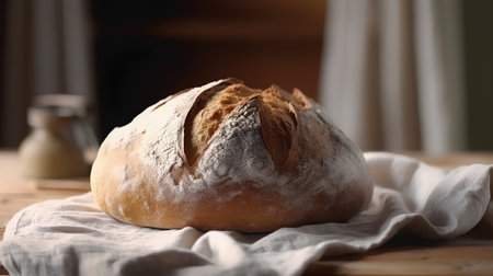 Freshly baked bread on a table in a bakery, selective focusの素材